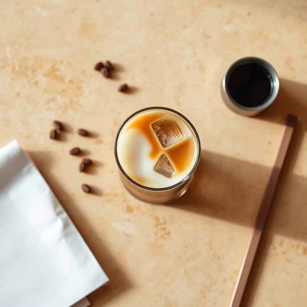 Overhead view of iced cold brew glasses on a dark table