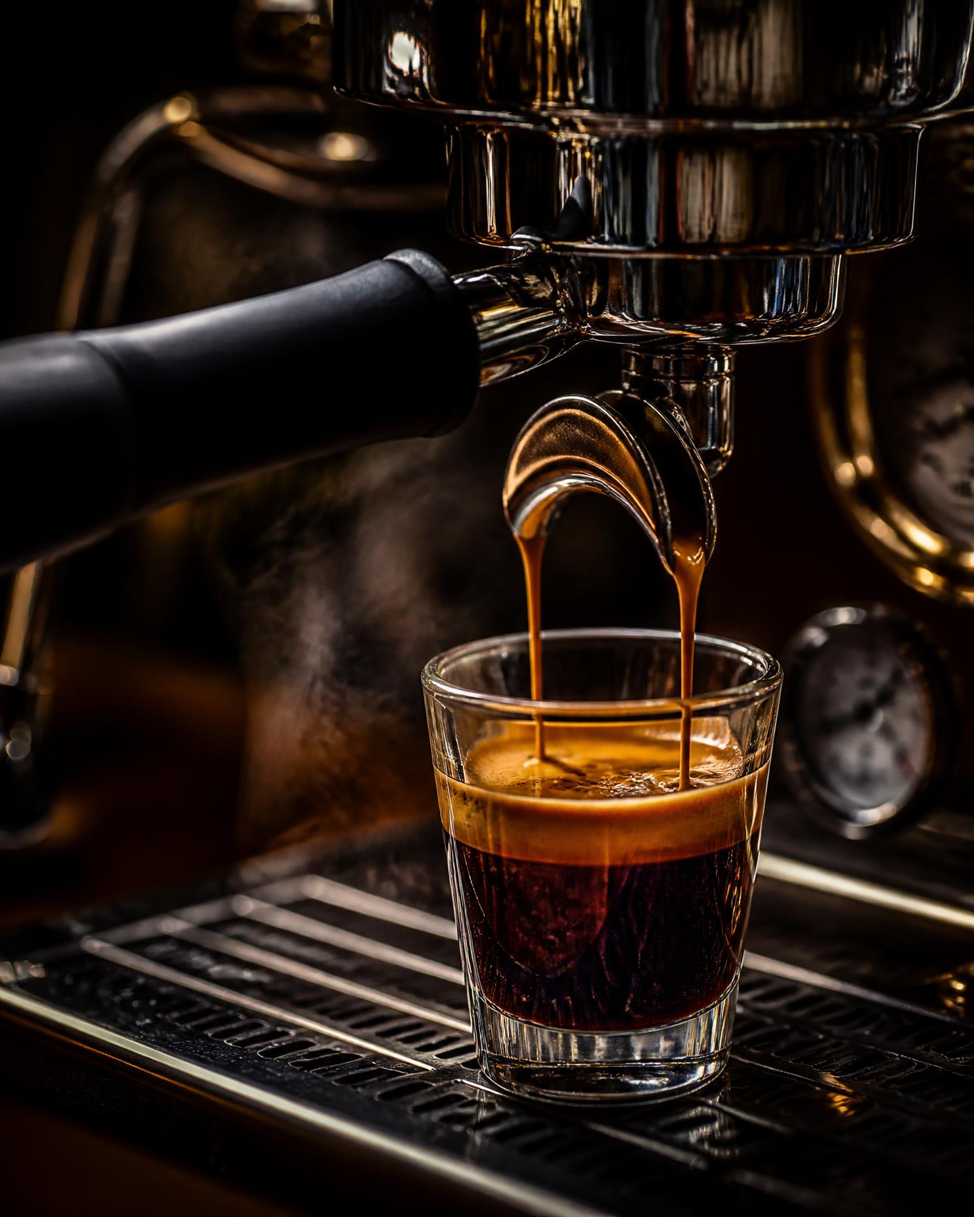 Espresso extracting into a warm porcelain cup