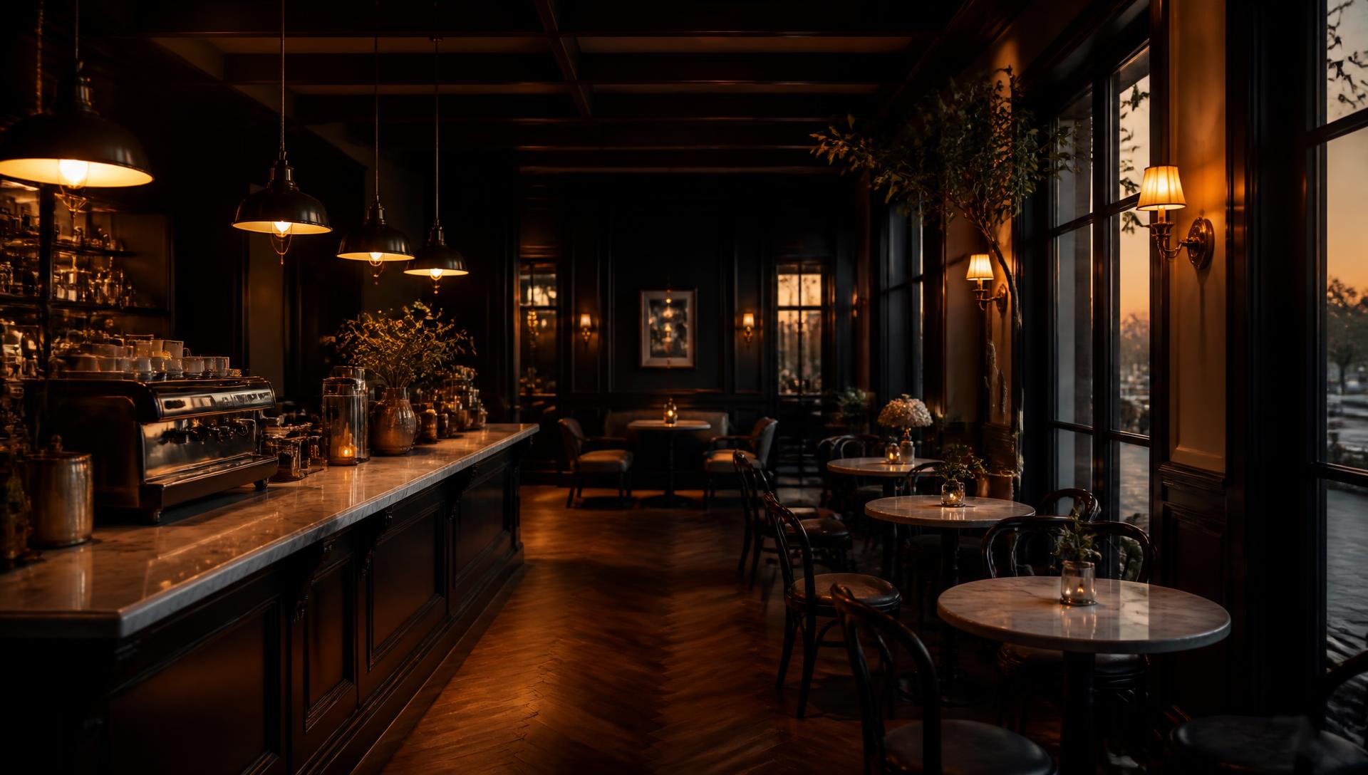 The café at dusk, brass lamps lit above the marble counter