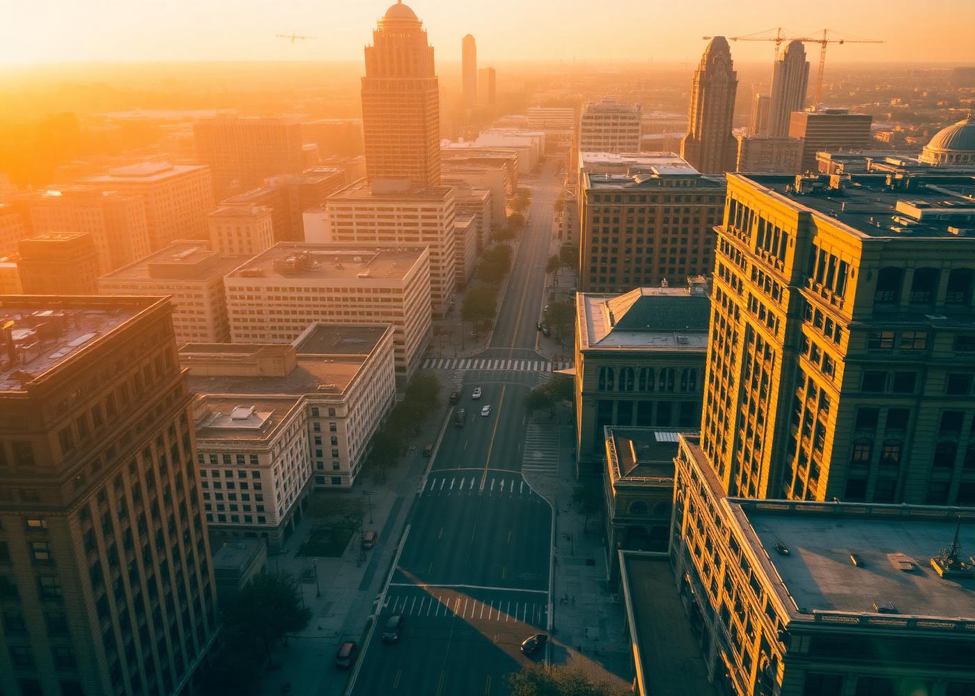 Downtown Dallas at golden hour, seen from above