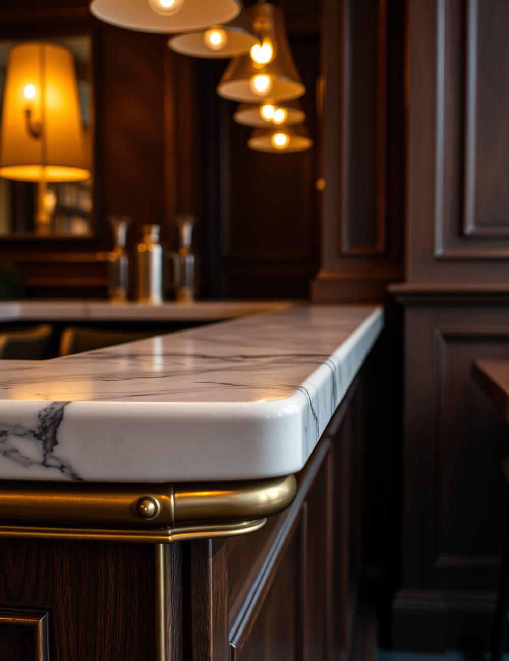 Brass trim against dark walnut millwork inside the café