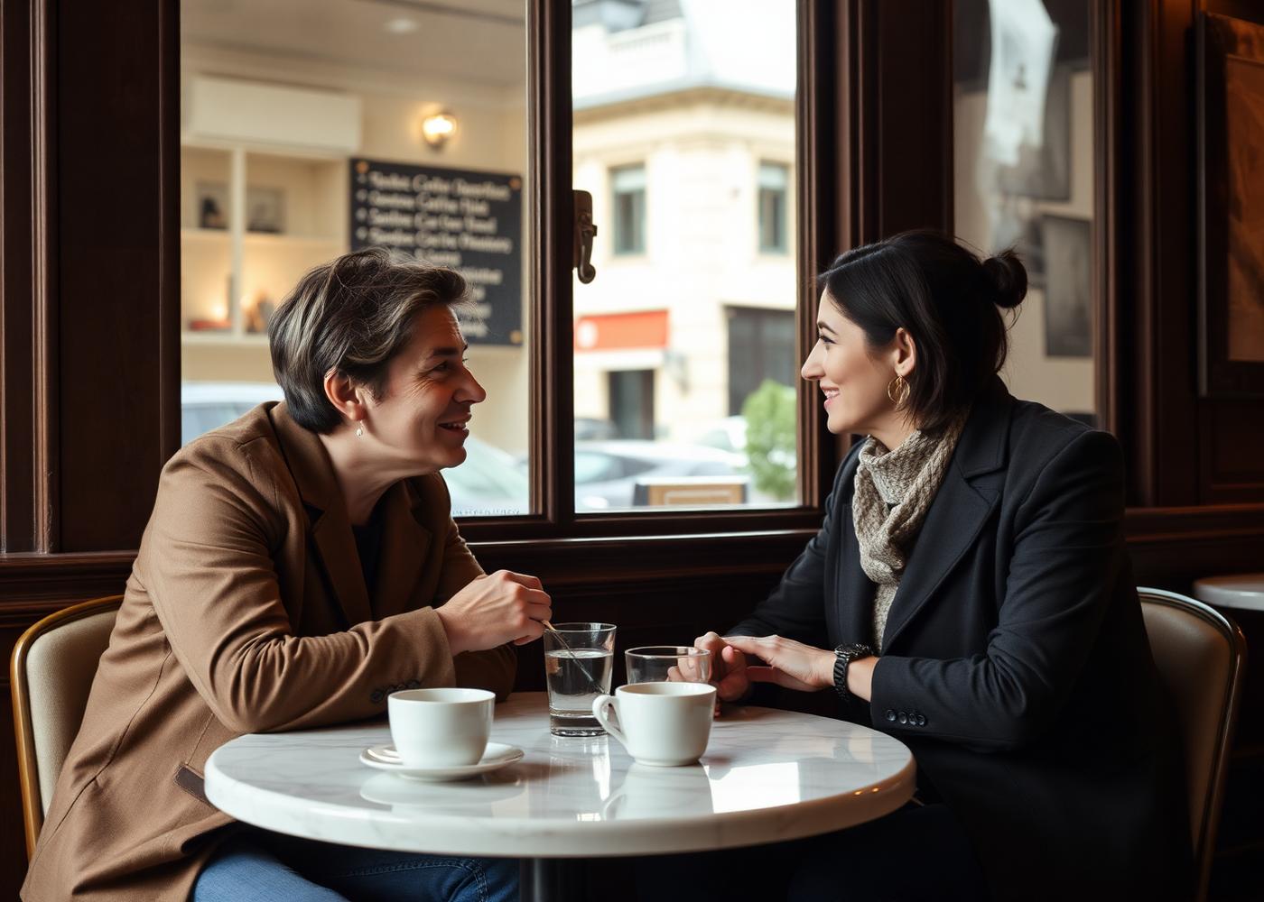 Guests in conversation over coffee at a marble table