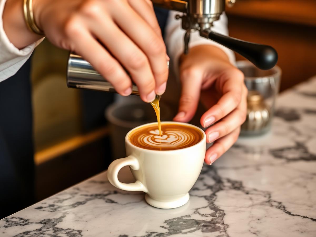 Latte art being poured into a porcelain cup