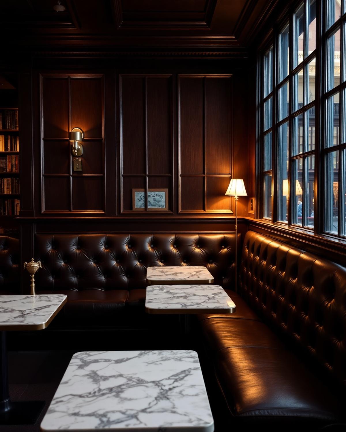 Leather banquettes under warm library lighting inside the café
