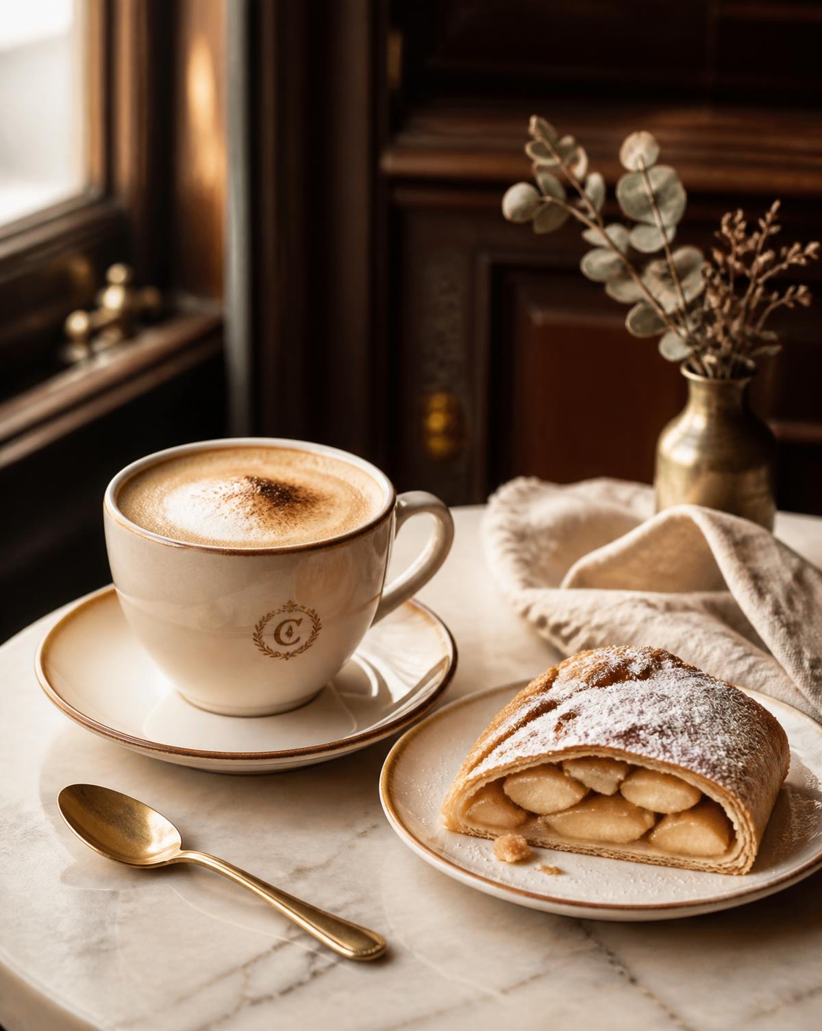 A cappuccino served beside a slice of apple strudel